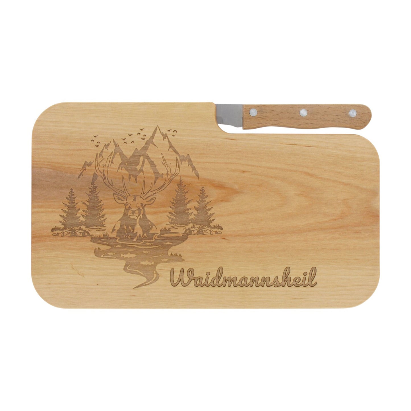 Messerbrett mit Gravur Waidmannsheil, Geschenk Männer, Schneidbrett Holz, Geschenkidee für Jäger, Brotzeitbrett mit Messer, Jausenbrett