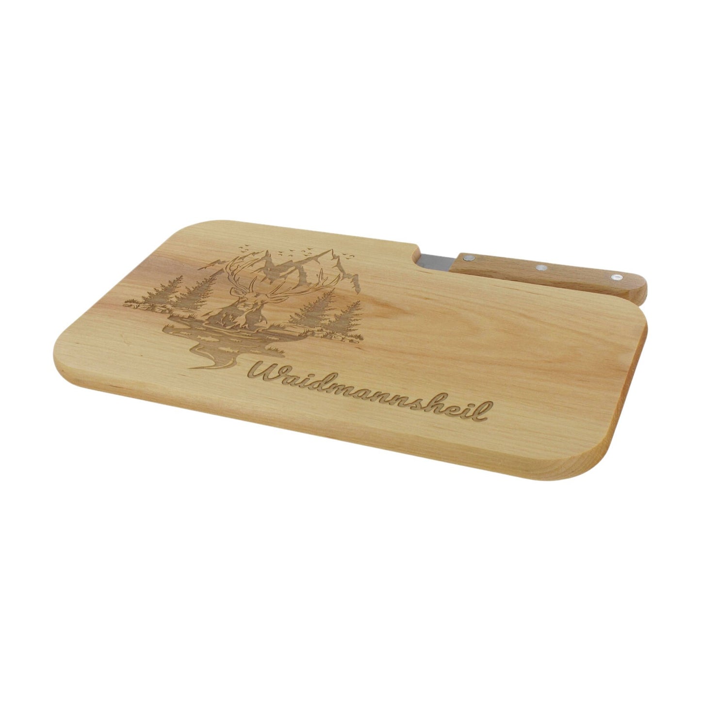 Messerbrett mit Gravur Waidmannsheil, Geschenk Männer, Schneidbrett Holz, Geschenkidee für Jäger, Brotzeitbrett mit Messer, Jausenbrett