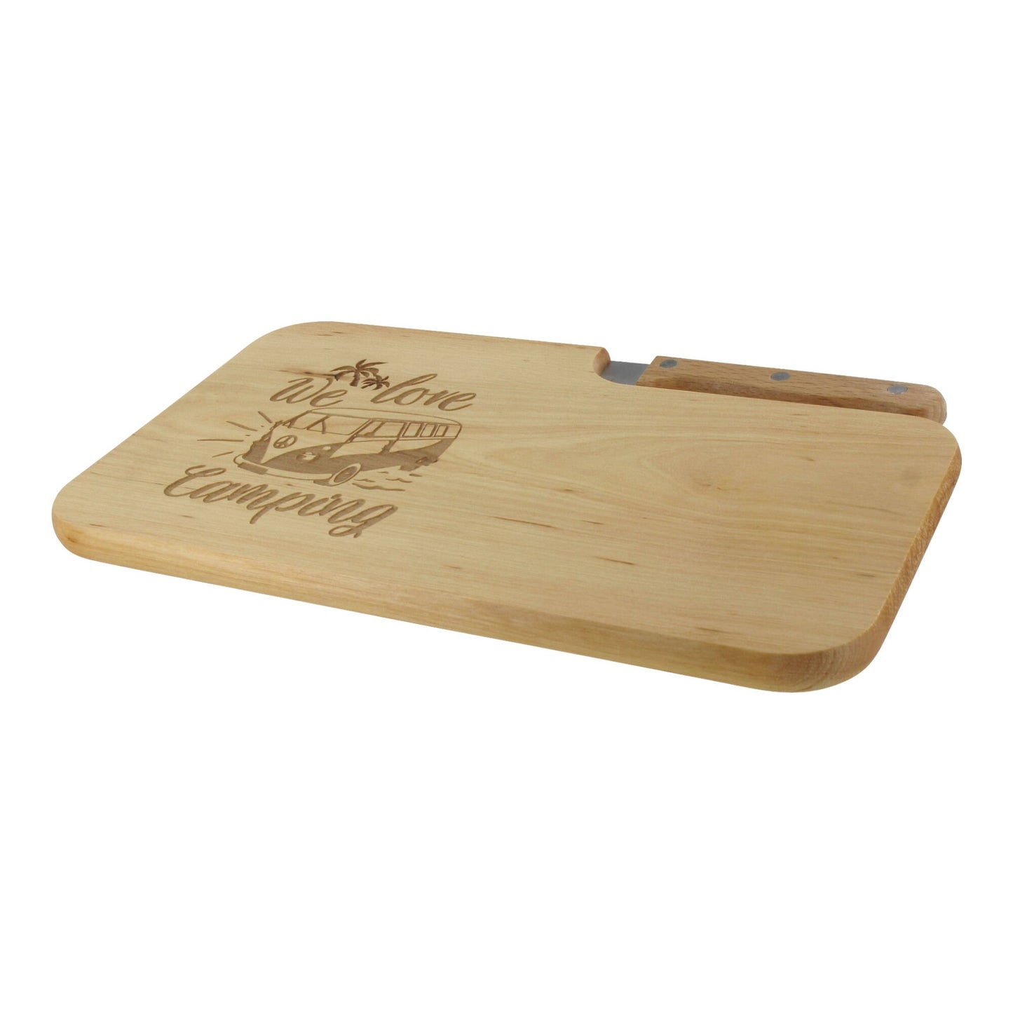 Messerbrett mit Gravur We Love Camping, Geschenk Wanderer, Schneidbrett Holz, Geschenkidee für Camper, Brotzeitbrett mit Messer, Jausenbrett