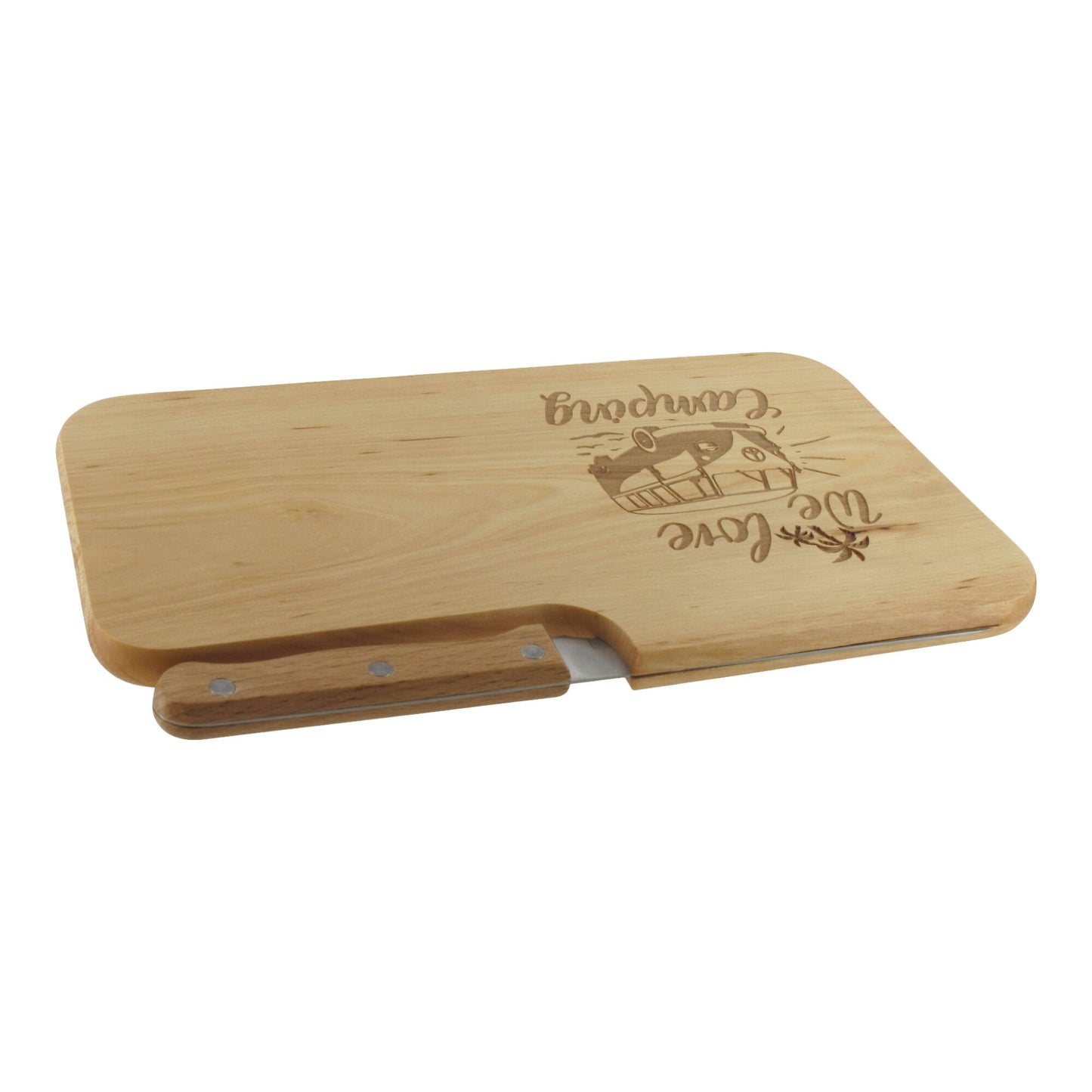 Messerbrett mit Gravur We Love Camping, Geschenk Wanderer, Schneidbrett Holz, Geschenkidee für Camper, Brotzeitbrett mit Messer, Jausenbrett