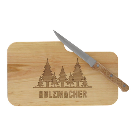 Messerbrett mit Gravur Holzmacher, Geschenk Männer, Schneidbrett Holz, Geschenkidee für Holzfäller, Brotzeitbrett mit Messer, Jausenbrett