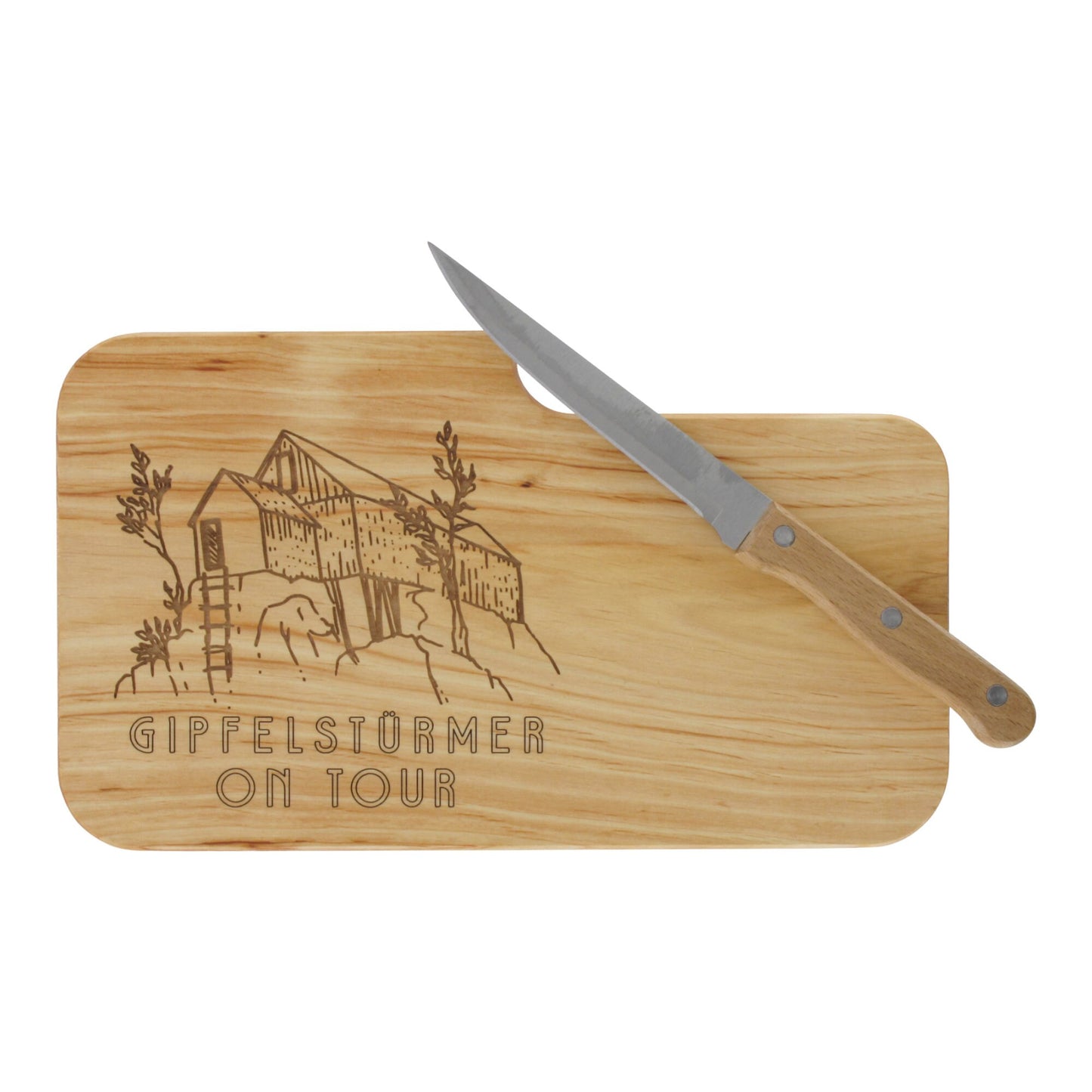 Messerbrett mit Gravur Gipfelstürmer on Tour, Geschenk Wanderer, Schneidbrett Wandern, Brotzeitbrett mit Messer, Jausenbrett