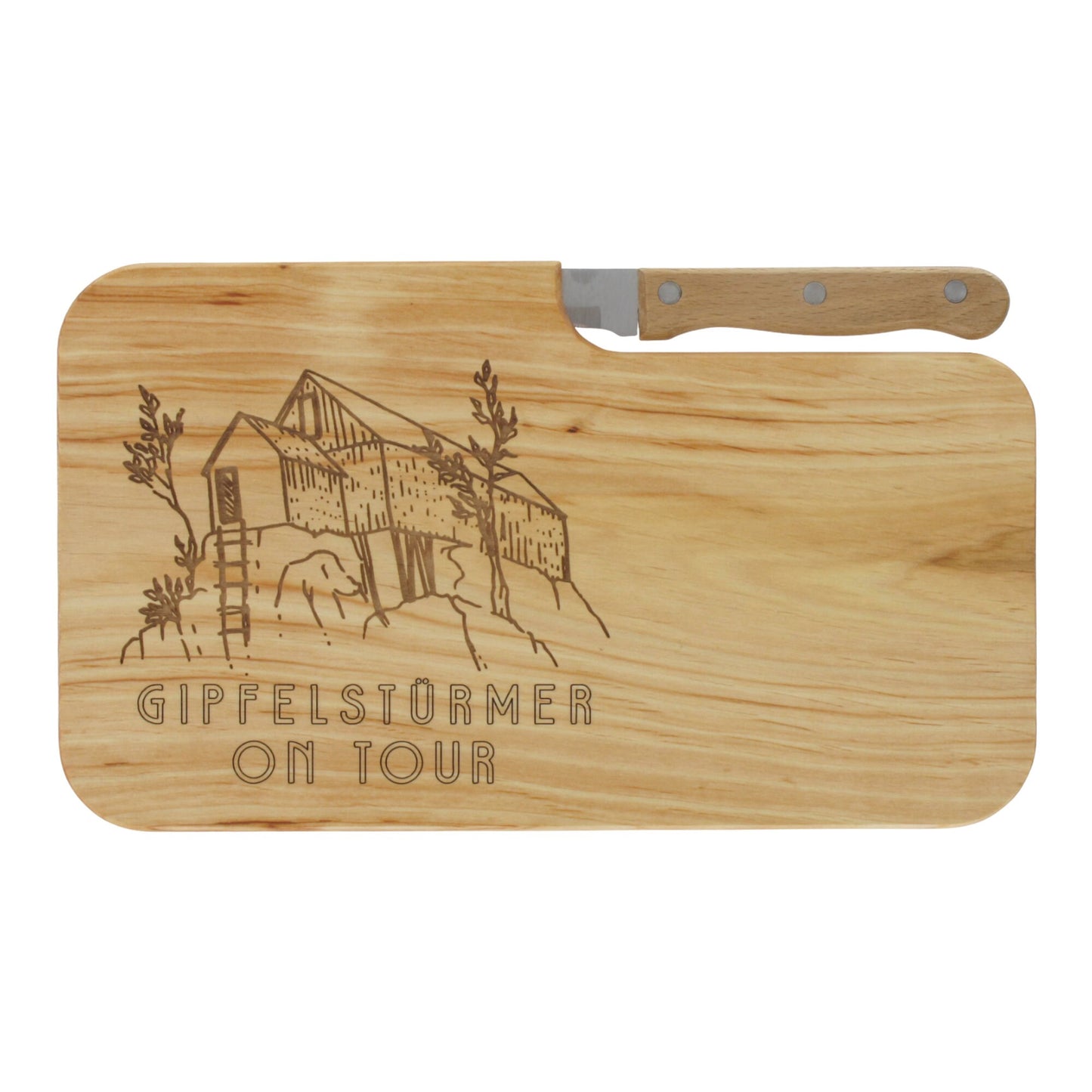 Messerbrett mit Gravur Gipfelstürmer on Tour, Geschenk Wanderer, Schneidbrett Wandern, Brotzeitbrett mit Messer, Jausenbrett