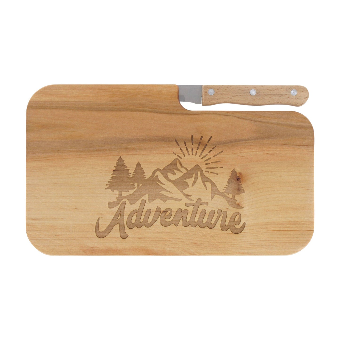 Messerbrett mit Gravur Adventure, Geschenk Wanderer, Schneidbrett Holz, Geschenkidee für Camper, Brotzeitbrett mit Messer, Jausenbrett