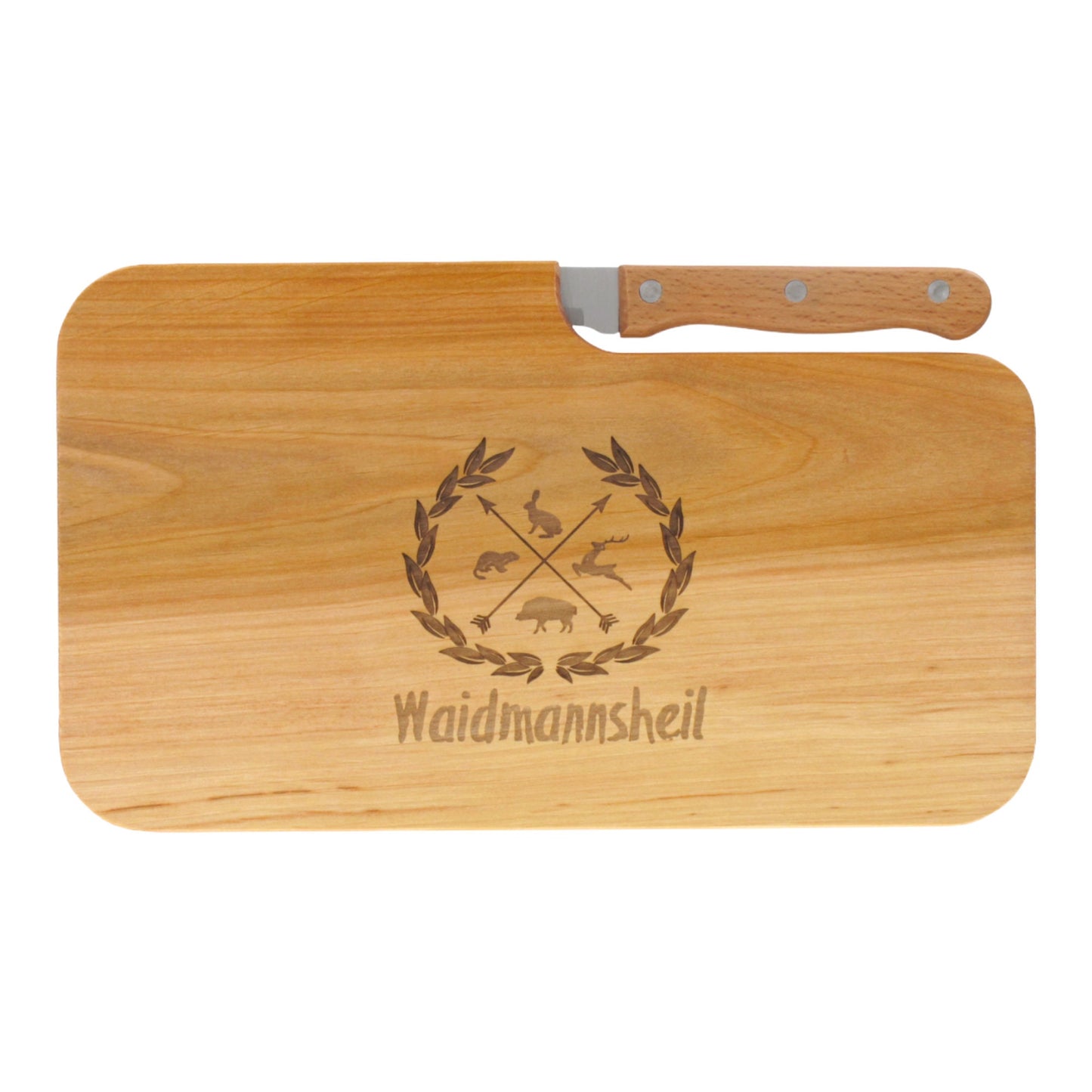 Messerbrett mit Gravur Waidmannsheil, Geschenk Männer, Schneidbrett Holz, Geschenkidee für Jäger, Brotzeitbrett mit Messer, Jausenbrett