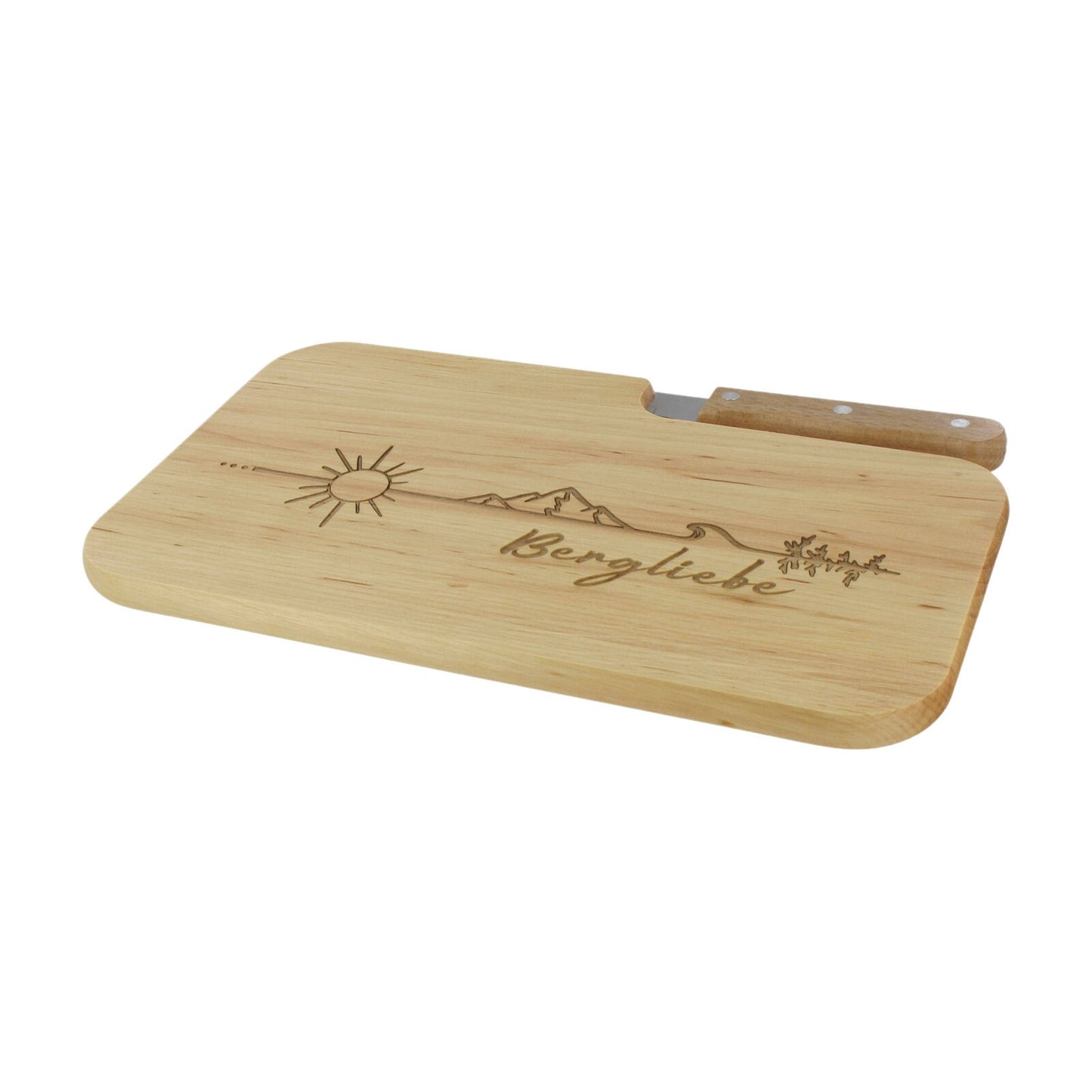 Messerbrett mit Gravur Bergliebe, Geschenk Wanderer, Schneidbrett Holz, Geschenkidee für Camper, Brotzeitbrett mit Messer, Jausenbrett