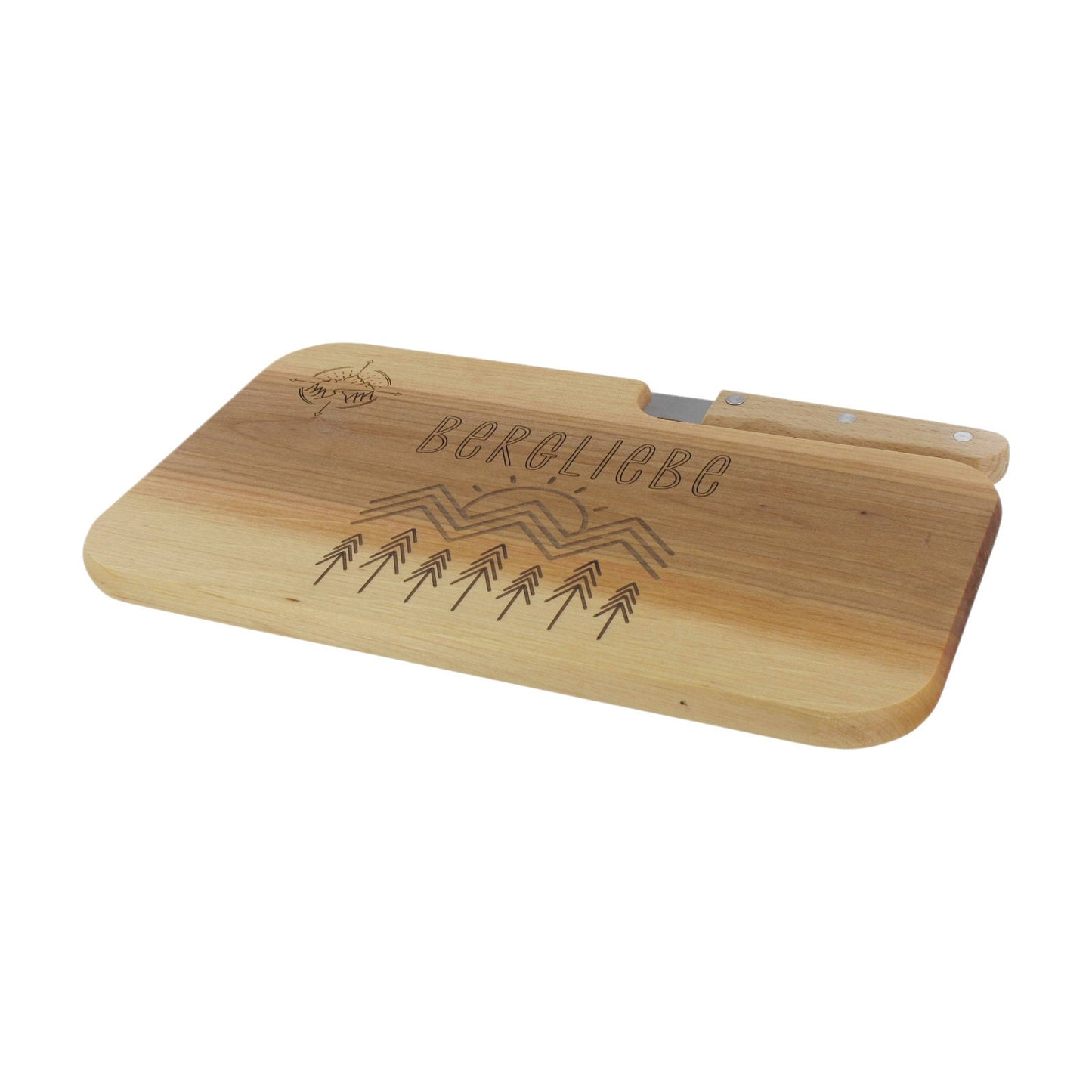 Messerbrett mit Gravur Bergliebe, Geschenk Wanderer, Schneidbrett Holz, Geschenkidee für Camper, Brotzeitbrett mit Messer, Jausenbrett