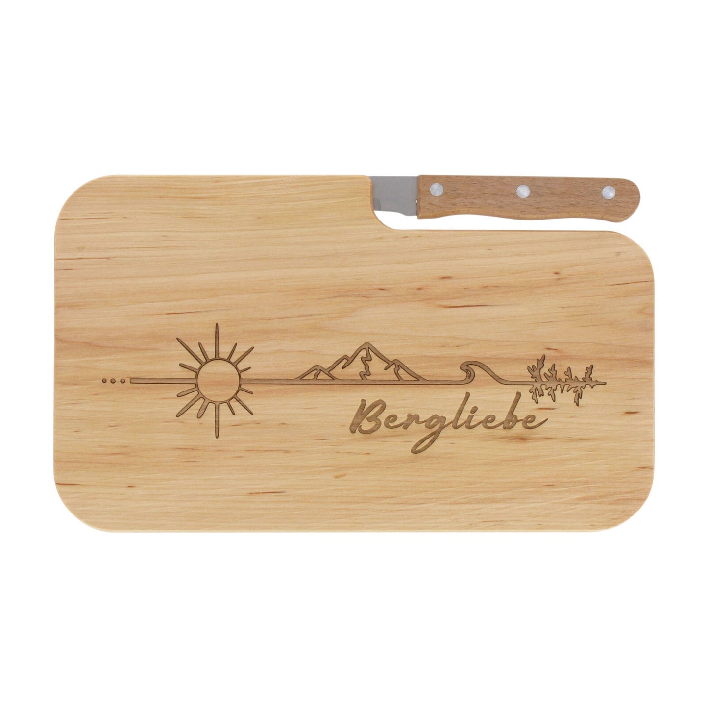 Messerbrett mit Gravur Bergliebe, Geschenk Wanderer, Schneidbrett Holz, Geschenkidee für Camper, Brotzeitbrett mit Messer, Jausenbrett