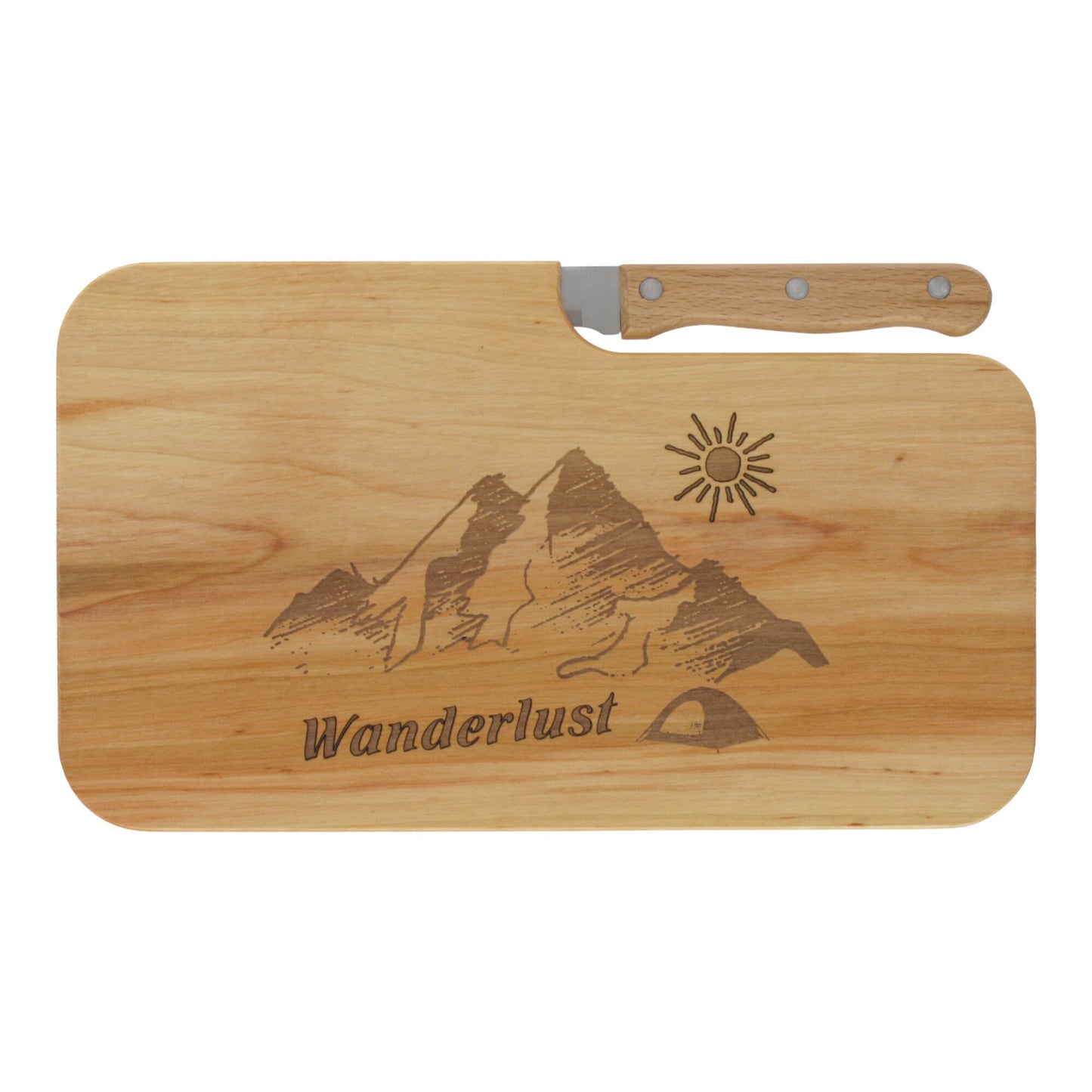 Messerbrett mit Gravur Wanderlust, Geschenk Wanderer, Schneidbrett Wandern, Geschenkidee Camper, Brotzeitbrett mit Messer, Jausenbrett