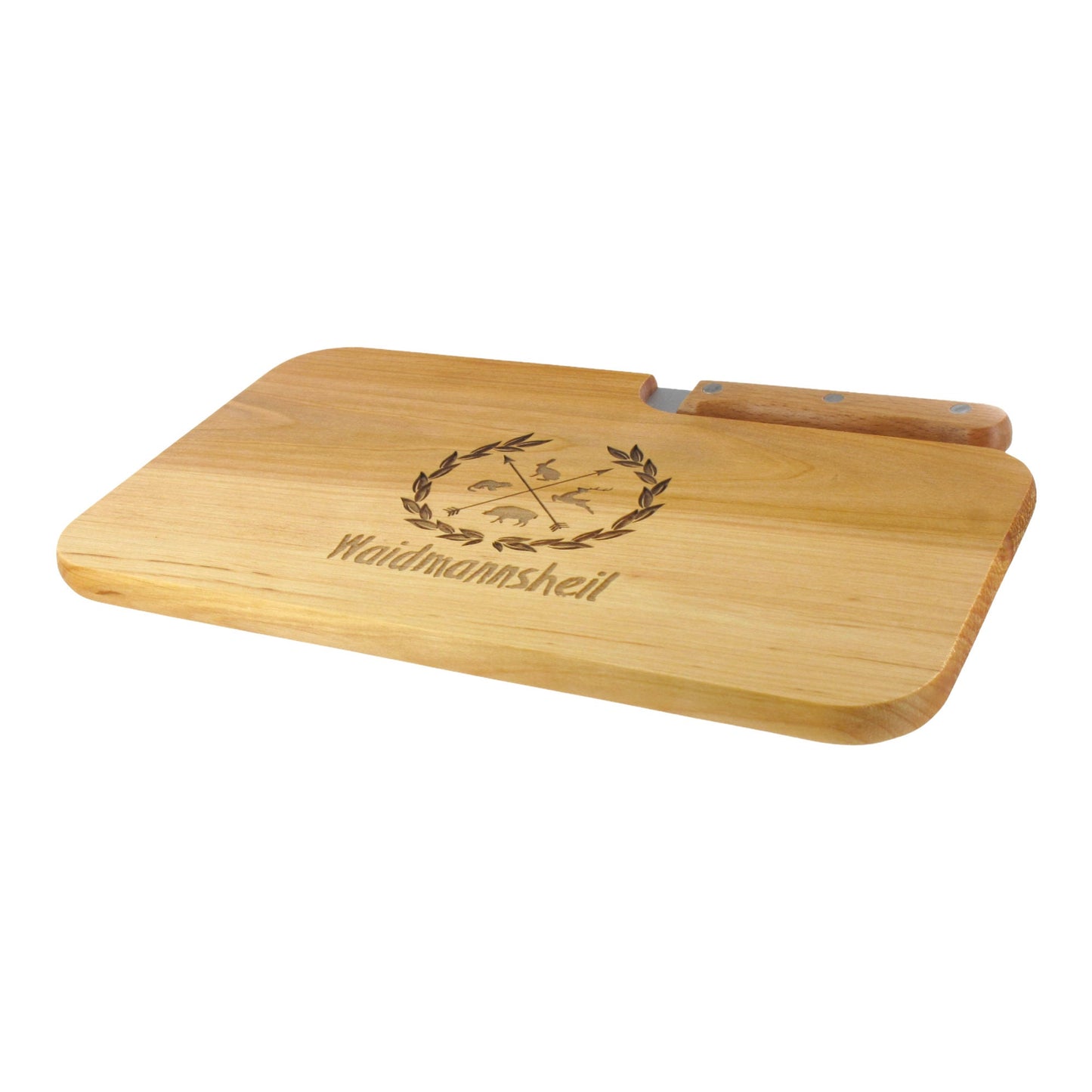 Messerbrett mit Gravur Waidmannsheil, Geschenk Männer, Schneidbrett Holz, Geschenkidee für Jäger, Brotzeitbrett mit Messer, Jausenbrett