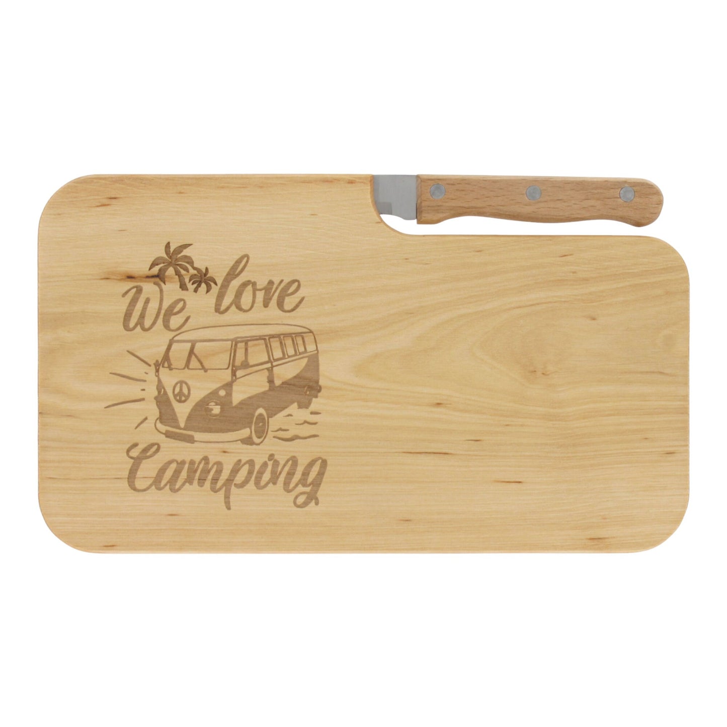 Messerbrett mit Gravur We Love Camping, Geschenk Wanderer, Schneidbrett Holz, Geschenkidee für Camper, Brotzeitbrett mit Messer, Jausenbrett