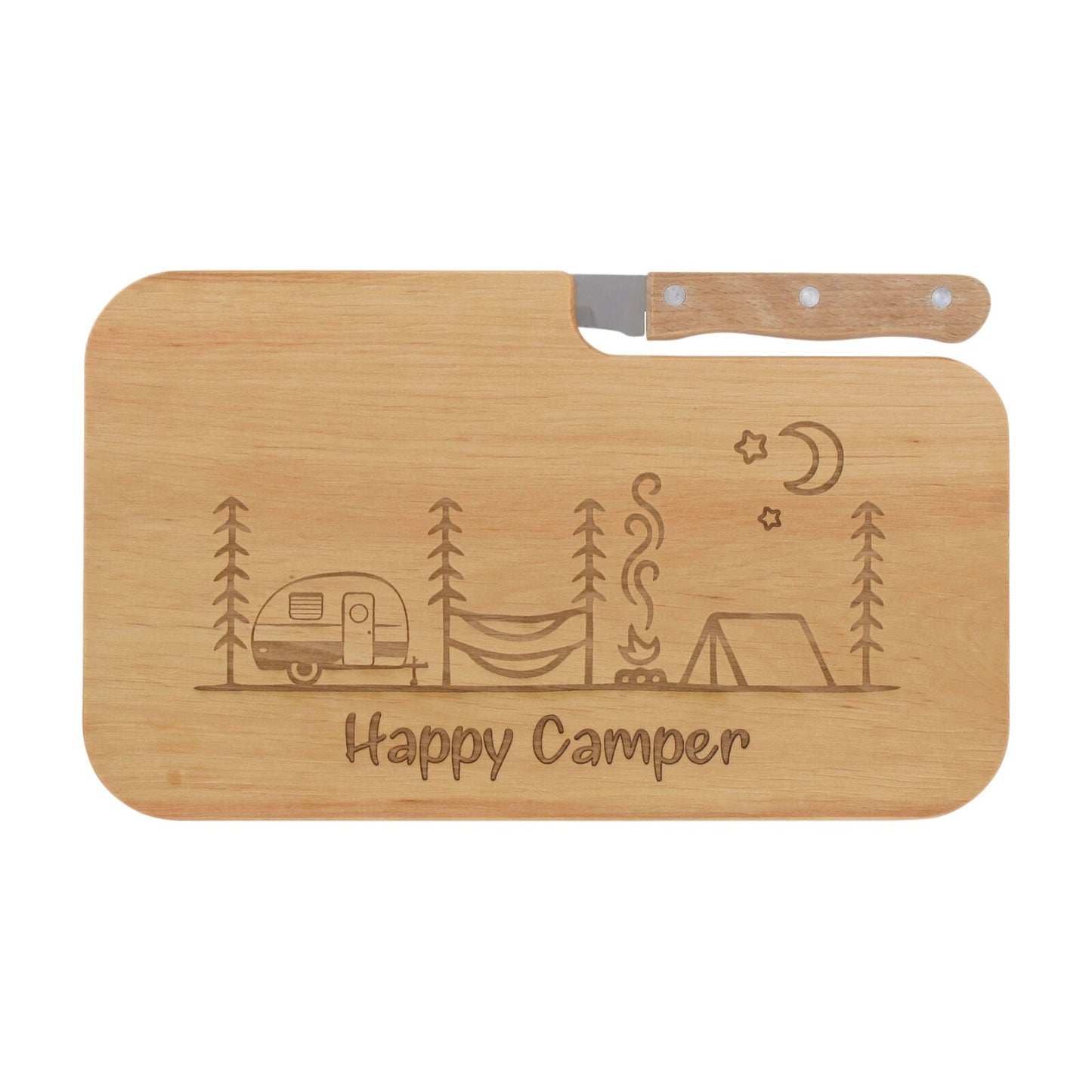 Messerbrett mit Gravur Happy Camper, Geschenk Wanderer, Schneidbrett Holz, Geschenkidee für Camper, Brotzeitbrett mit Messer, Jausenbrett