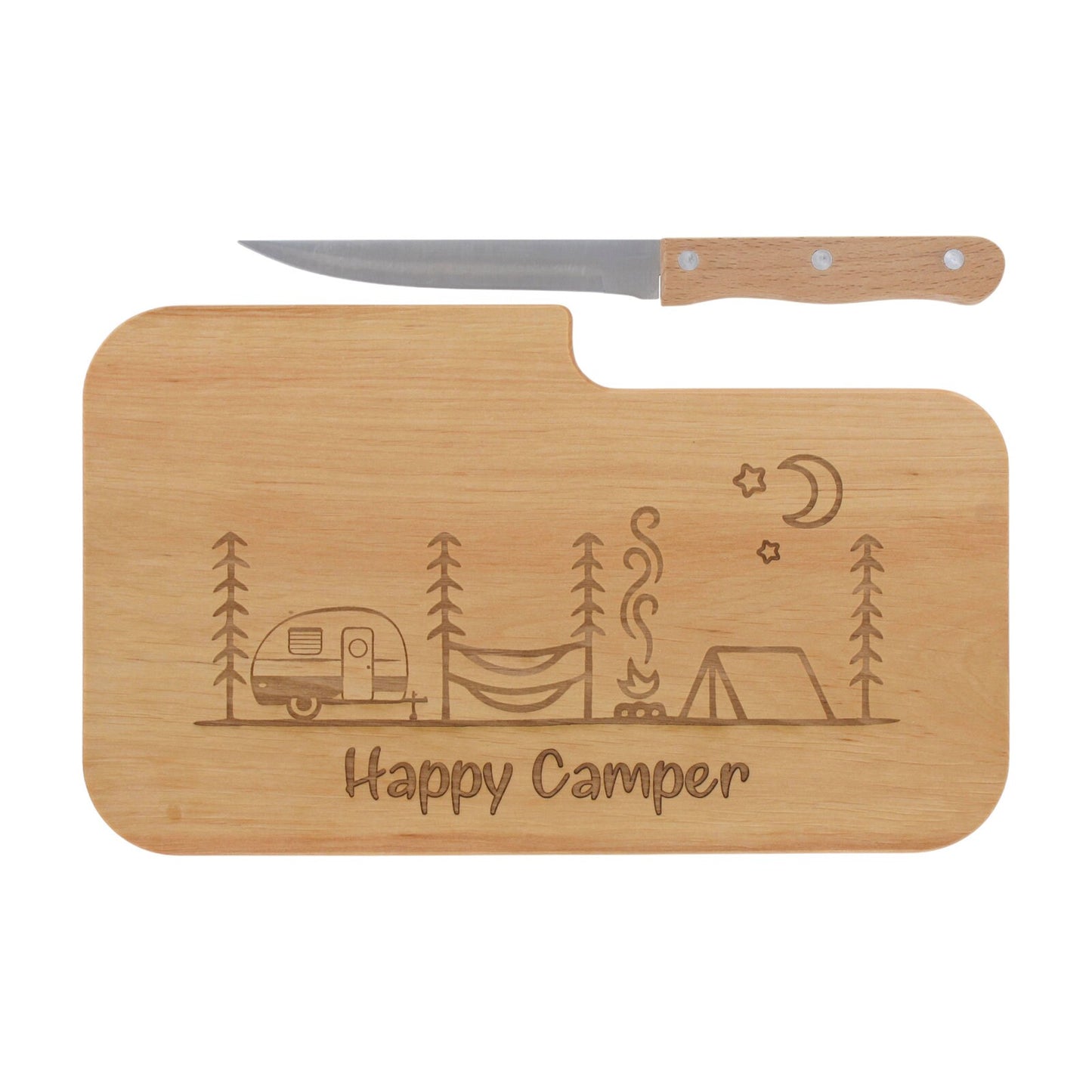 Messerbrett mit Gravur Happy Camper, Geschenk Wanderer, Schneidbrett Holz, Geschenkidee für Camper, Brotzeitbrett mit Messer, Jausenbrett