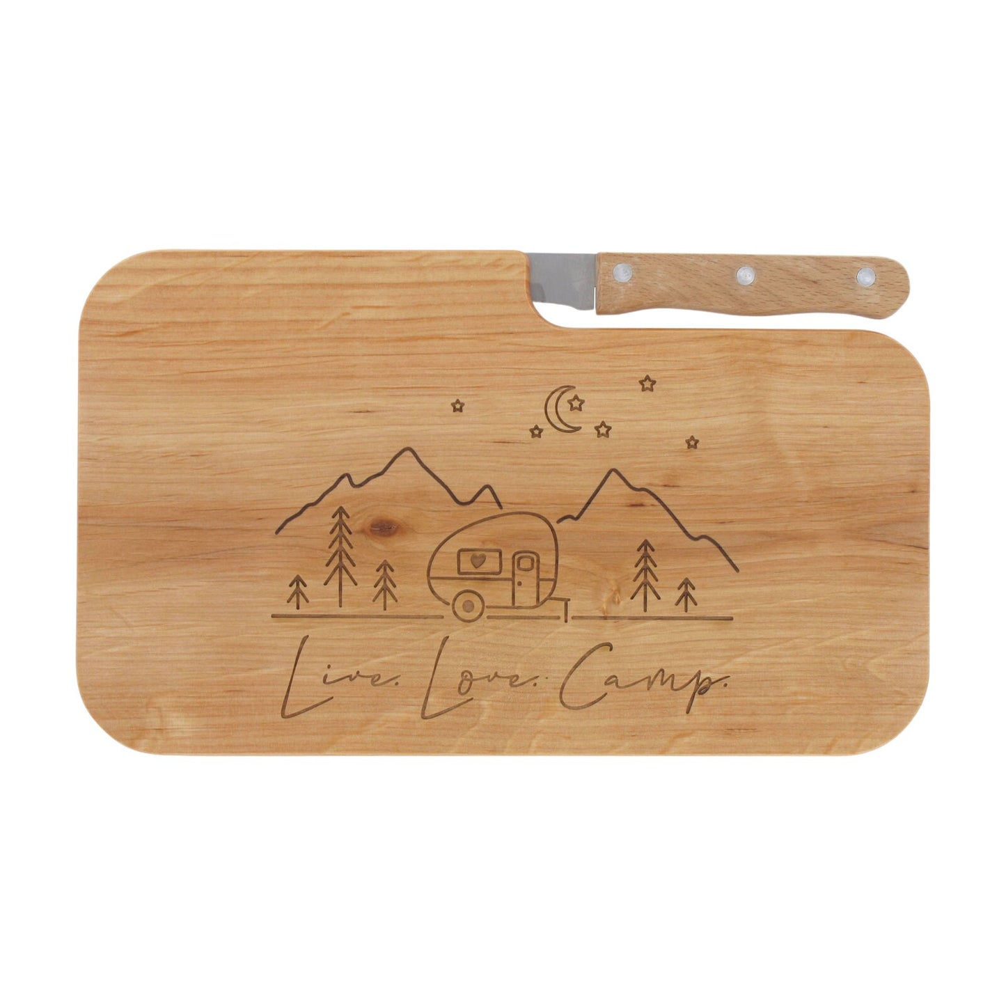 Messerbrett mit Gravur Live Love Camp, Geschenk Wanderer, Schneidbrett Holz, Geschenkidee für Camper, Brotzeitbrett mit Messer, Jausenbrett